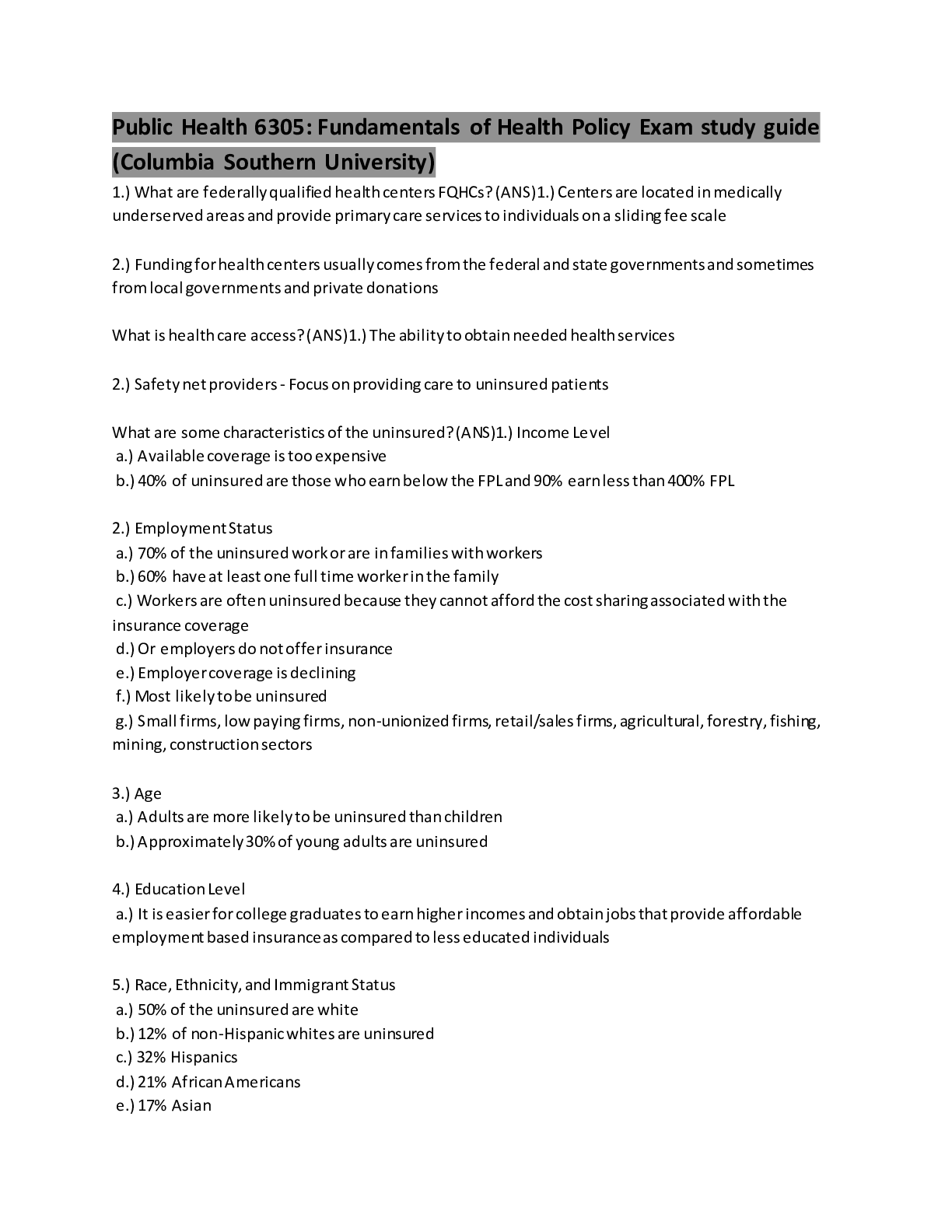 Preview image for Public Health 6305: Fundamentals of Health Policy Exam study guide (Columbia Southern University)